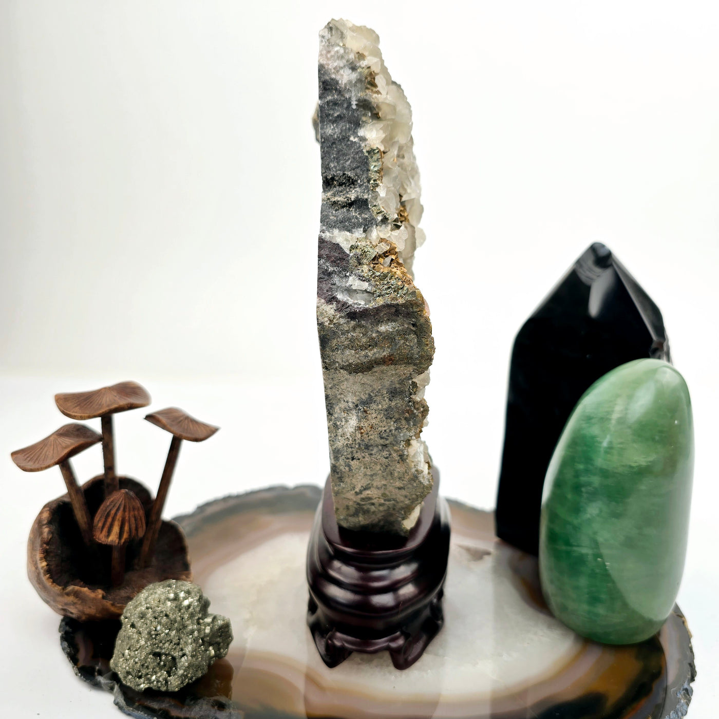 Pyrite and Calcite Crystal Cluster with Wooden Stand #1 side view