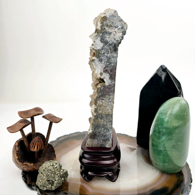 Pyrite and Calcite Crystal Cluster with Wooden Stand #1 side view