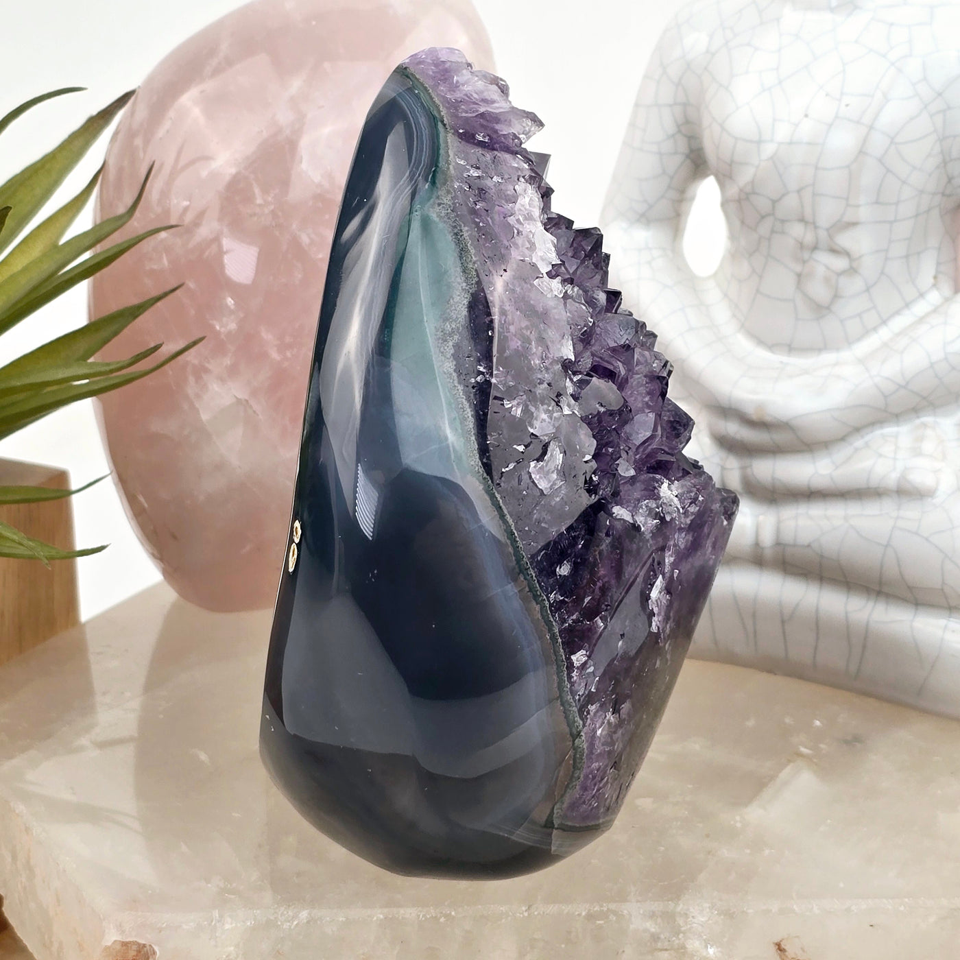 Amethyst and Agate Teardrop Crystal Cut Base side view