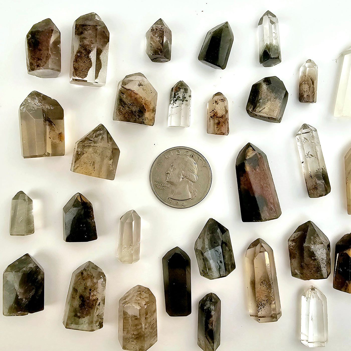 Lodalite - Garden Quartz - Small Polished Crystal Points with quarter for size reference