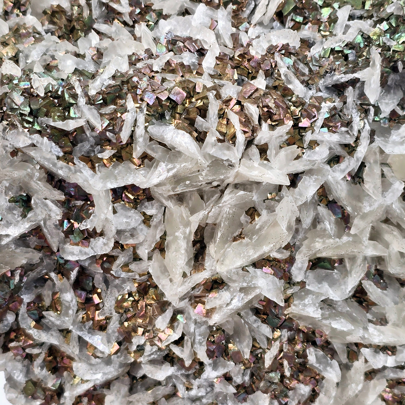 Pyrite and Calcite Crystal Cluster with Wooden Stand #2 closeup for detail