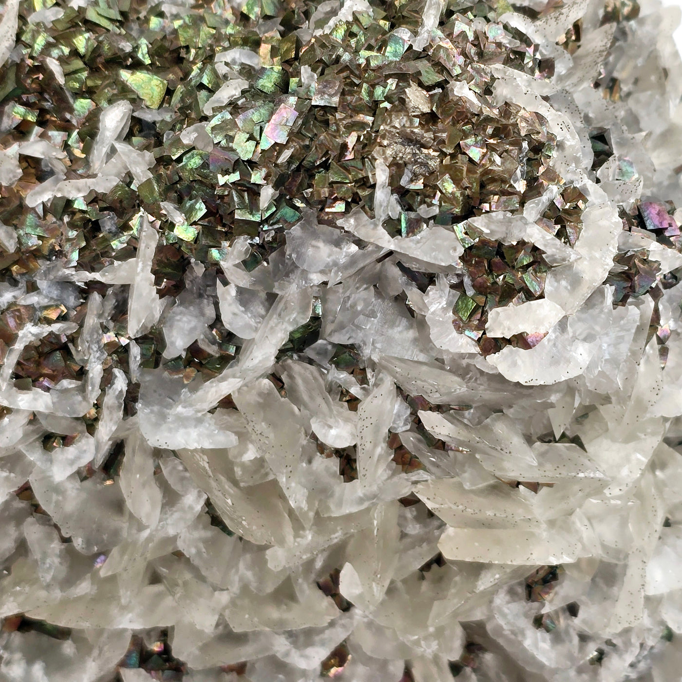 Pyrite and Calcite Crystal Cluster with Wooden Stand #2 closeup for detail