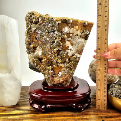 Pyrite and Calcite Crystal Cluster with Wooden Stand #3 with ruler and hand for size reference