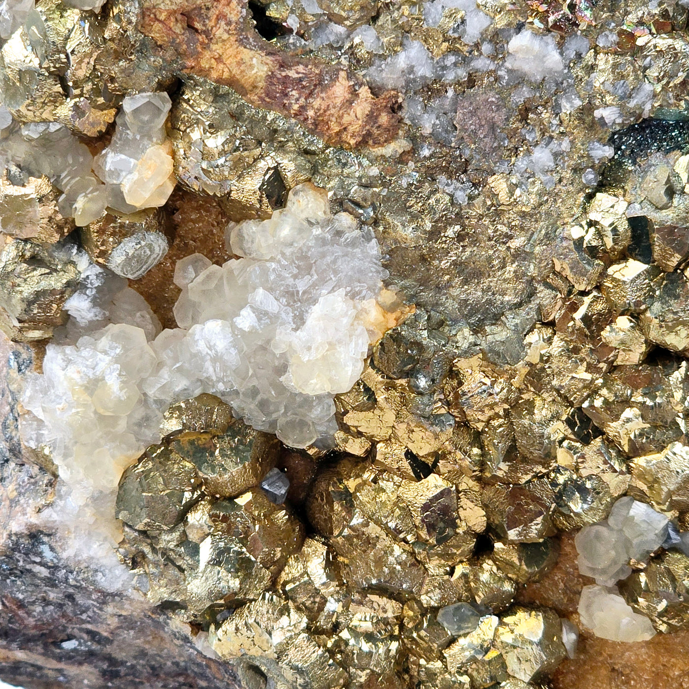 Pyrite and Calcite Crystal Cluster with Wooden Stand #3 closeup for detail