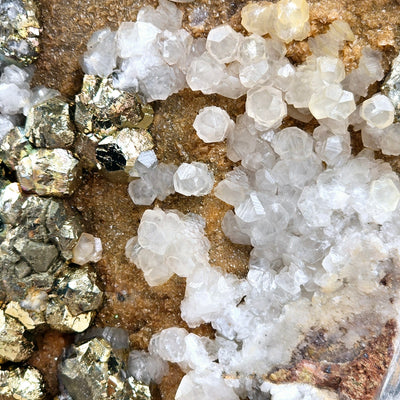 Pyrite and Calcite Crystal Cluster with Wooden Stand #3 closeup for detail