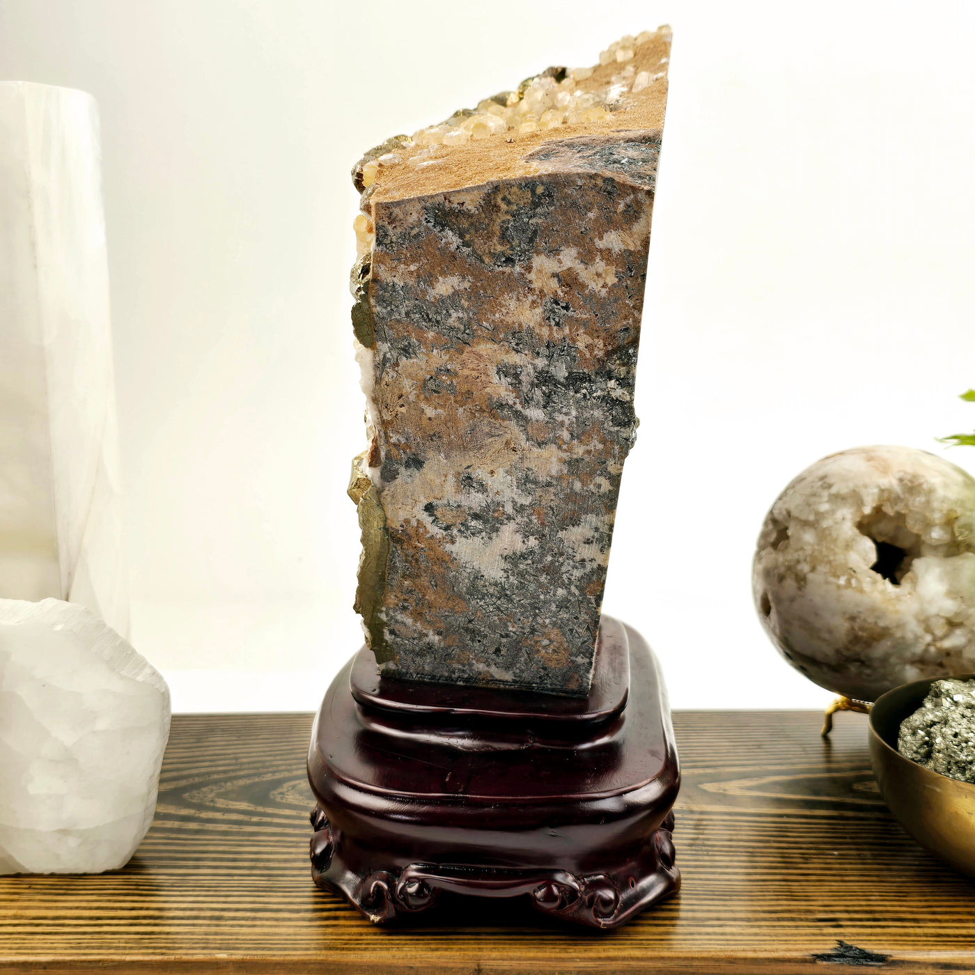 Pyrite and Calcite Crystal Cluster with Wooden Stand #3 side view