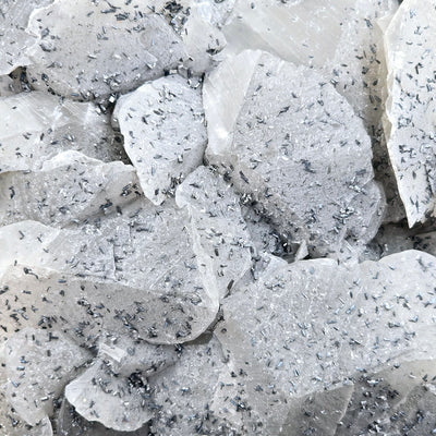 Calcite and Stibnite Crystal Cluster with Wooden Stand closeup for detail