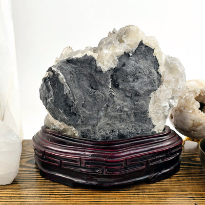 Calcite and Stibnite Crystal Cluster with Wooden Stand back view