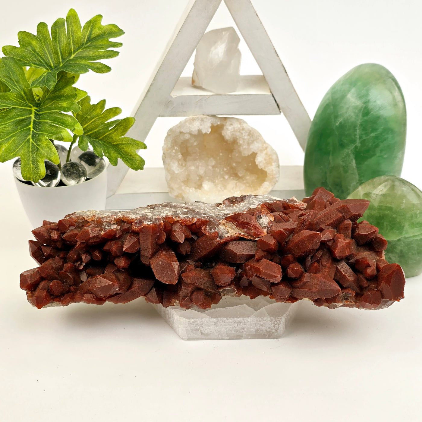 Red Hematite Quartz - Natural Crystal Cluster #2 front view with props and plants in the background