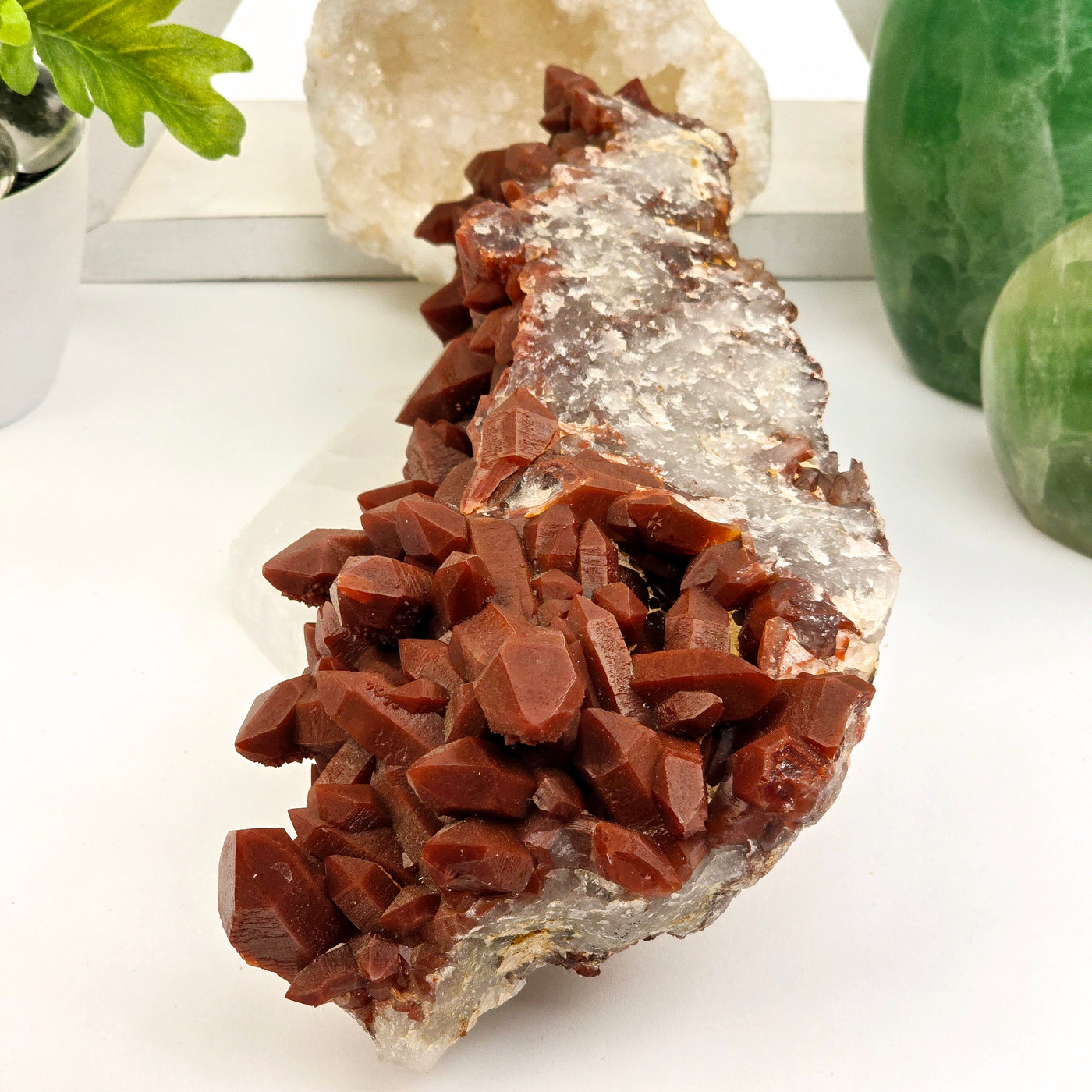 Red Hematite Quartz - Natural Crystal Cluster #2 side view with props and plants in the background