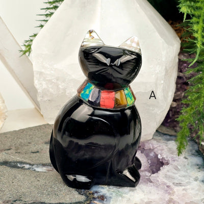  Black Onyx Crystal Cat with Shell and Gemstone Inlays - You Choose - variant A labeled