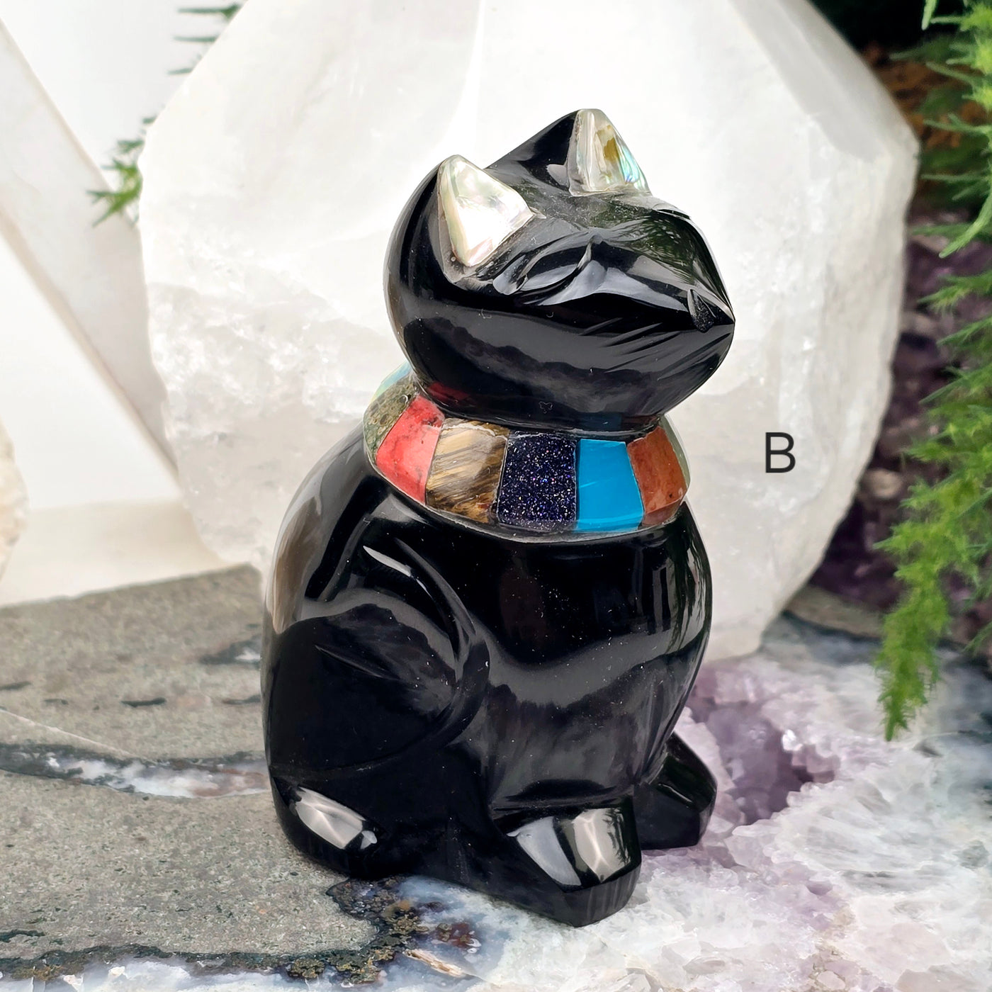  Black Onyx Crystal Cat with Shell and Gemstone Inlays - You Choose variant B labeled