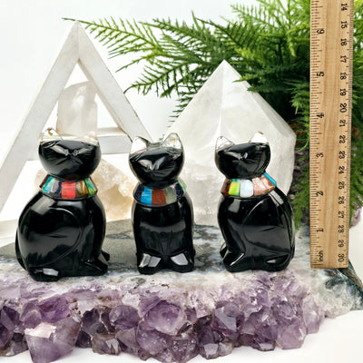  Black Onyx Crystal Cat with Shell and Gemstone Inlays - You Choose all variants with ruler for size reference