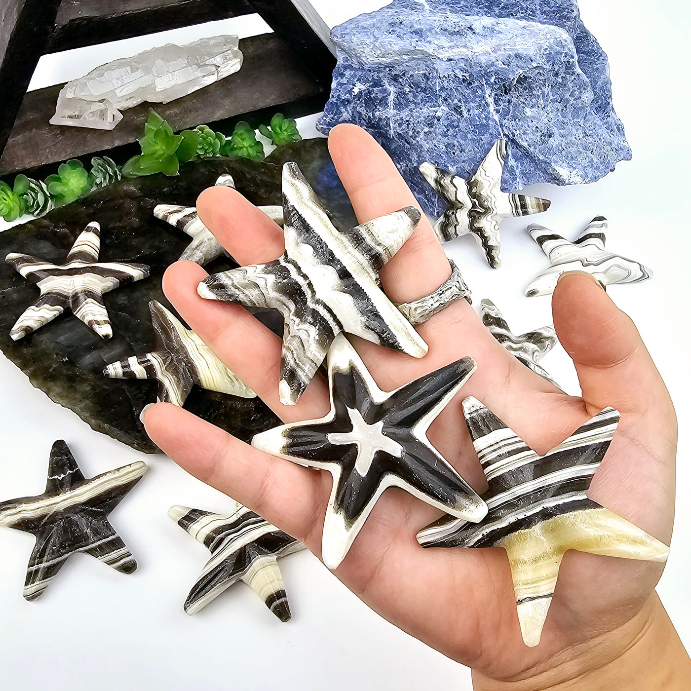  Mexican Onyx Starfish Crystal Carvings in hand with other carvings in the background on stone platter with plants and props in the background