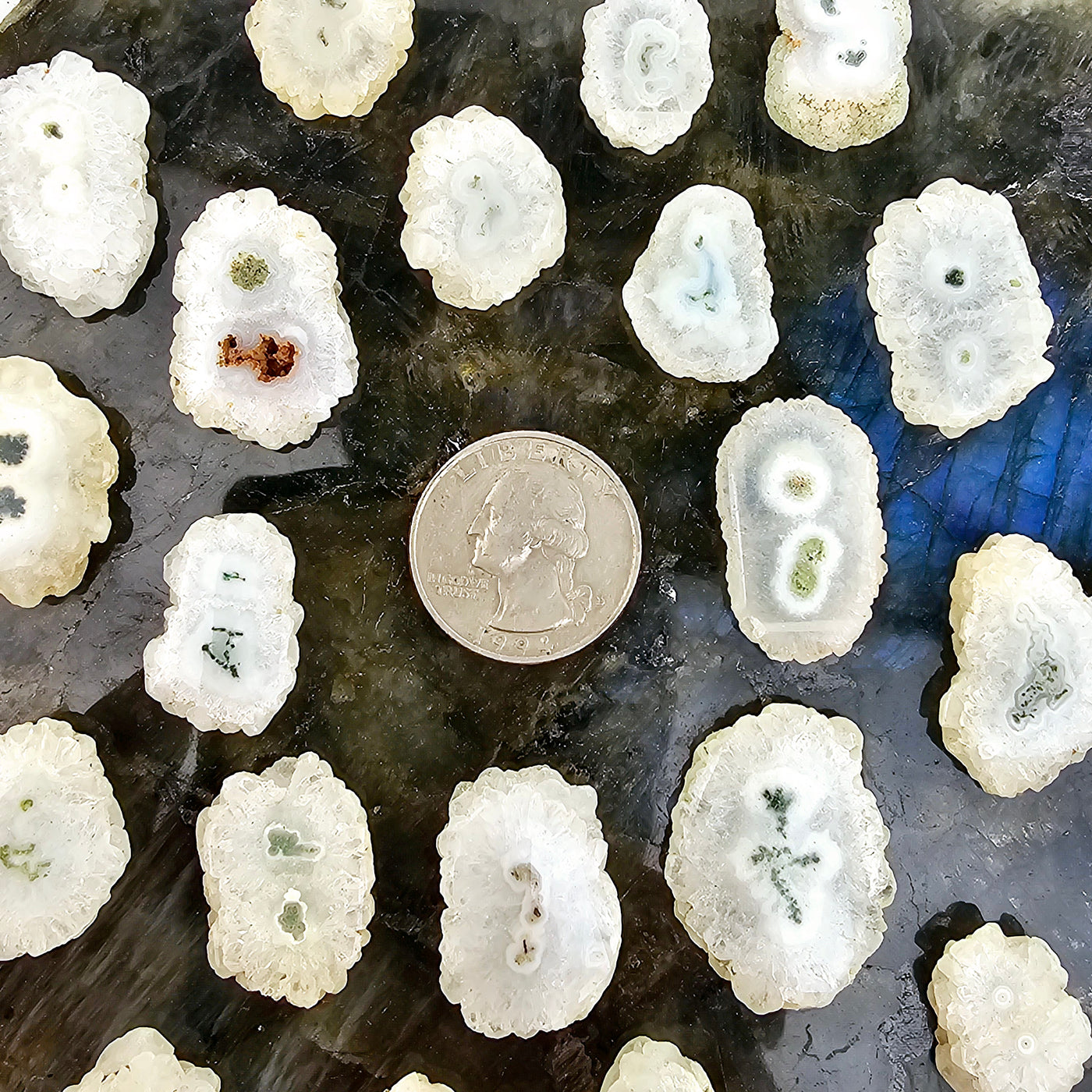 Crystal Stalactite Drilled Beads with quarter for size reference