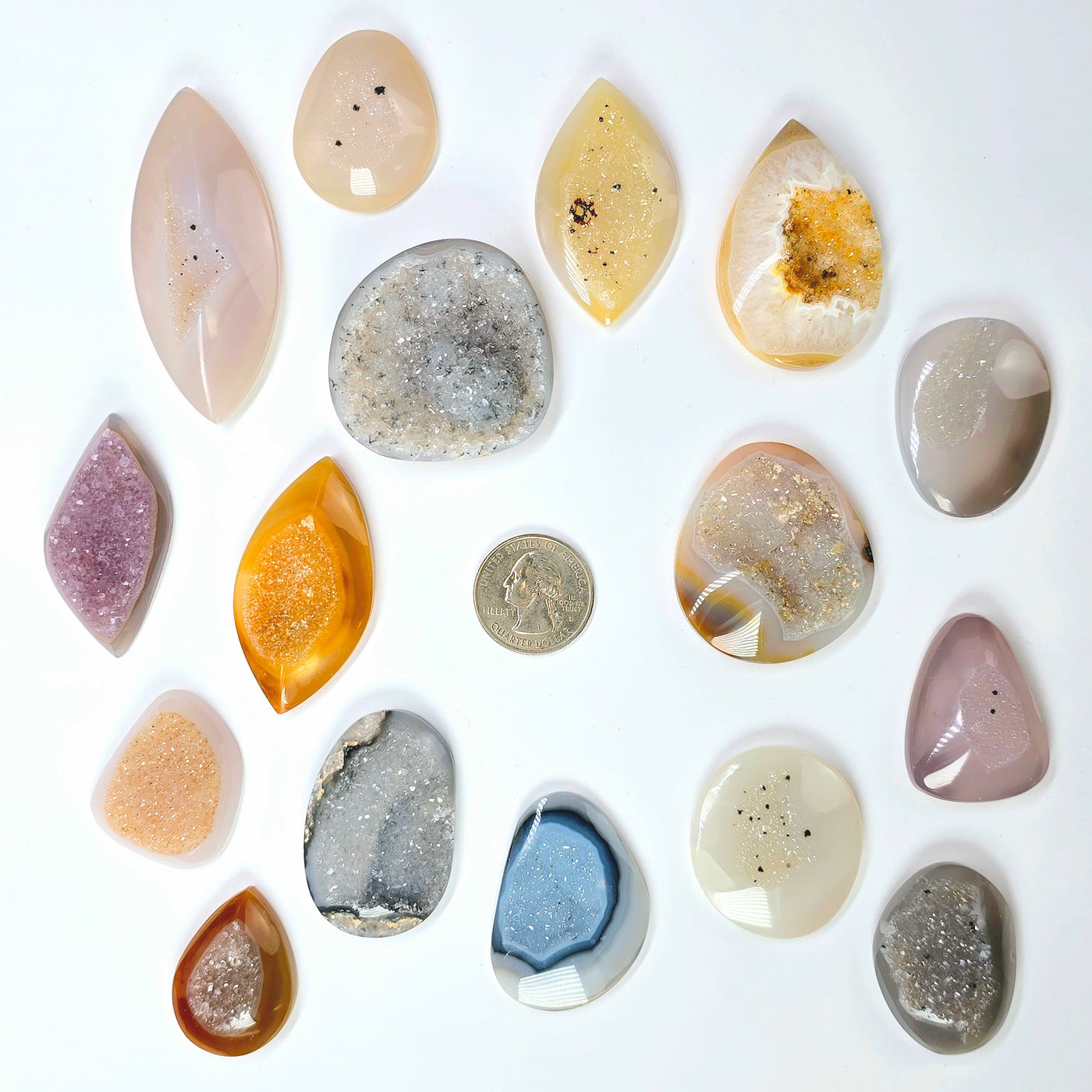 Natural Agate Druzy Cabochons - all 16 cabochons with quarter for size reference