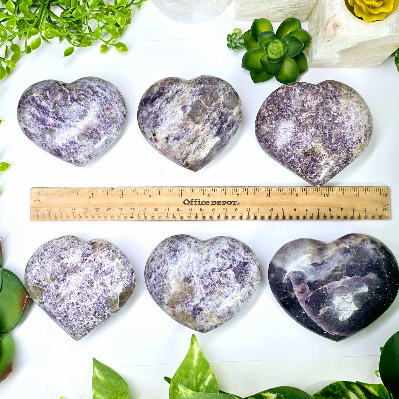 Lepidolite Polished Crystal Heart - You Choose all variants with ruler for size reference