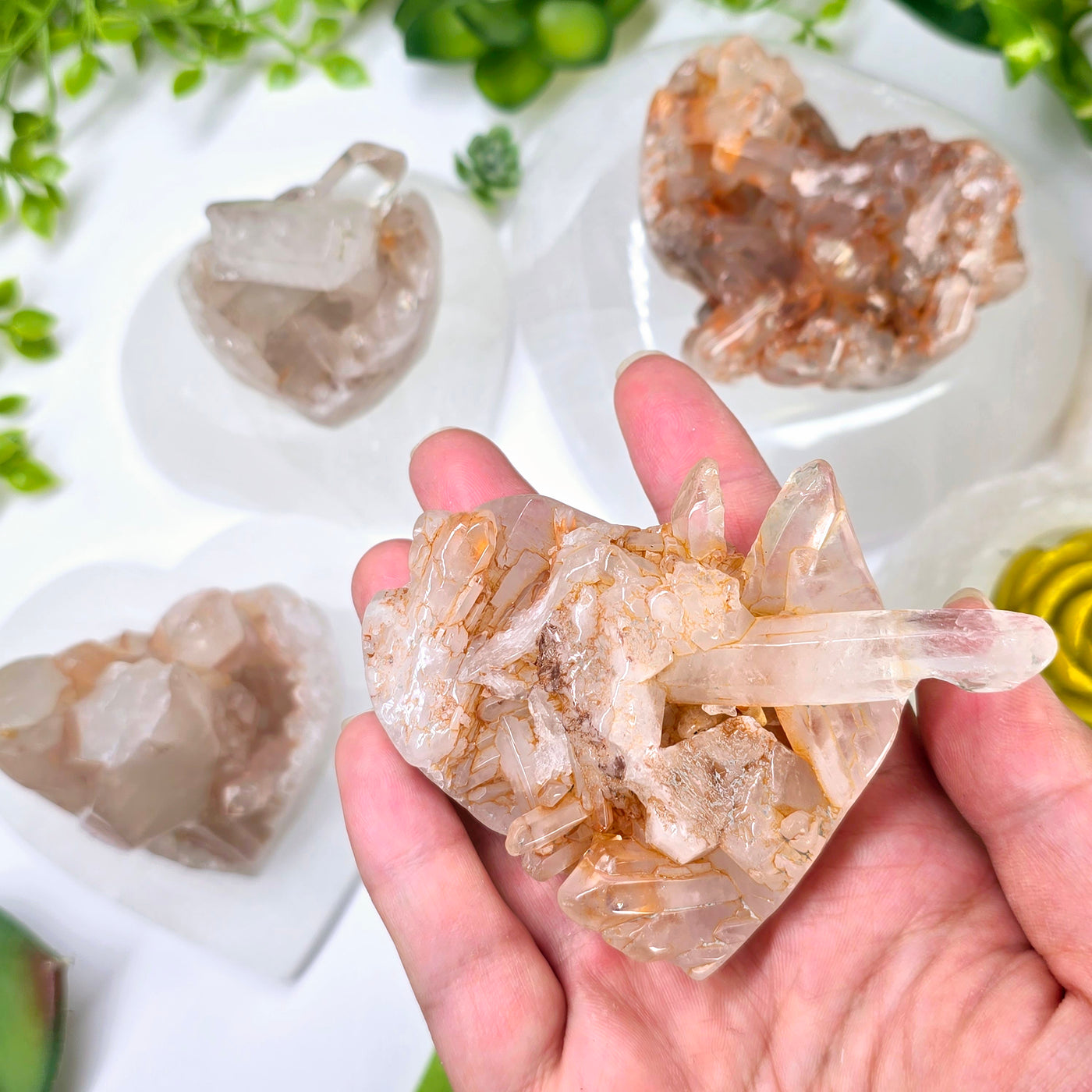 Tangerine Quartz Polished Crystal Heart - You Choose variant 3 in hand for size reference with other variants in background on selenite coasters with plants and props in the background