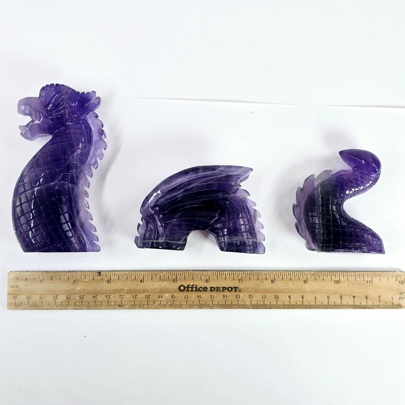 Purple Fluorite Crystal Dragon Carving with ruler for size reference