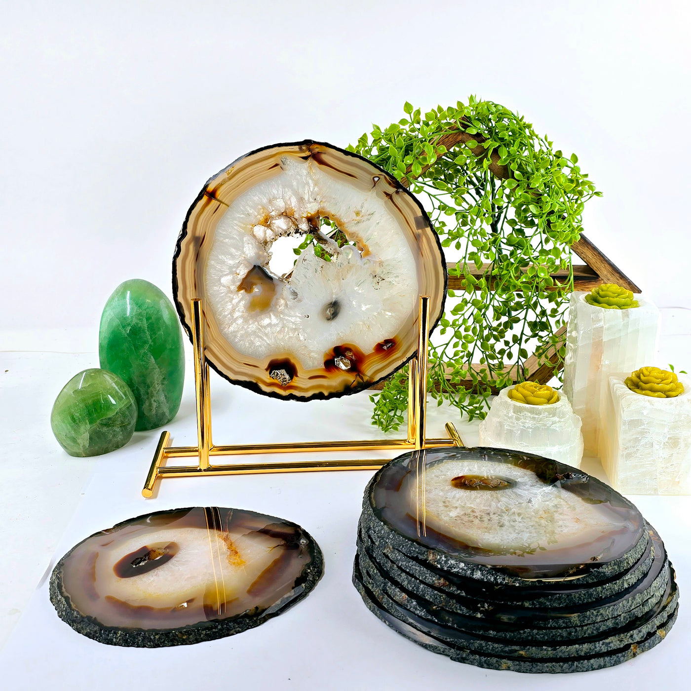 Agate Slice Set - Set of Eight A Grade Agate Crystals one on stand with others in a stack with plants and props in the background