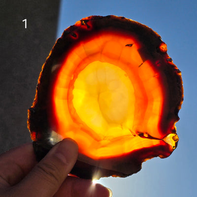 Iris Agate Crystal Slice - You Choose variant 1 backlit by sun