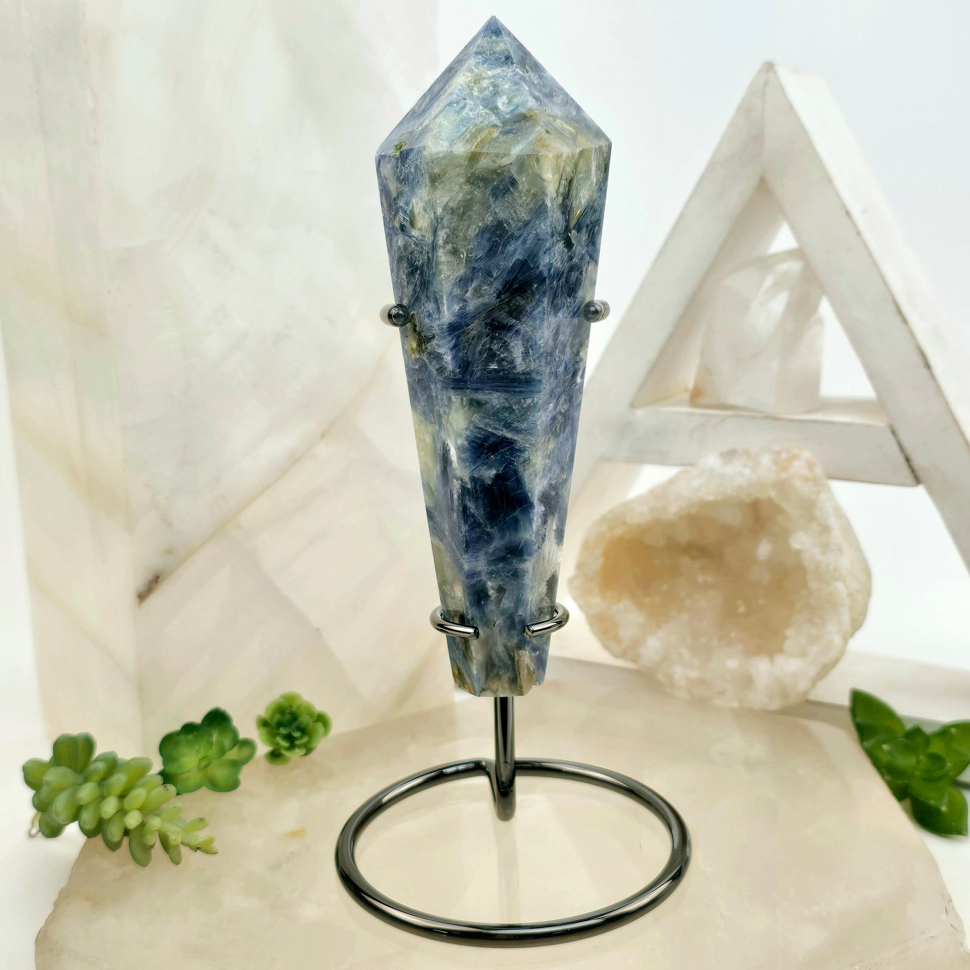 Blue Kyanite Crystal Wand on Stand #4 front view with props and plants in the background