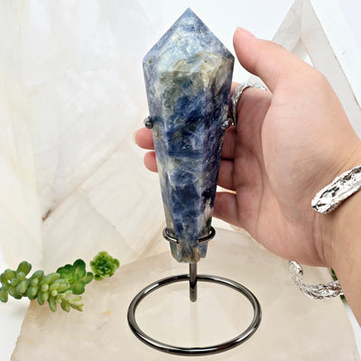 Blue Kyanite Crystal Wand on Stand #4 with hand for size reference