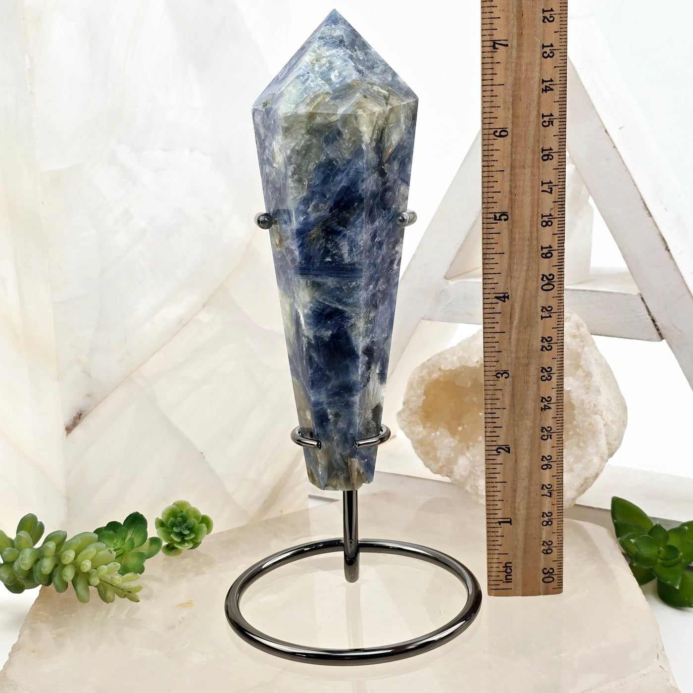 Blue Kyanite Crystal Wand on Stand #4 with ruler for size reference