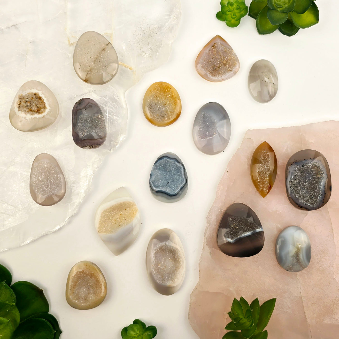 Natural Agate Druzy Cabochons top view arranged on stone platters with plants