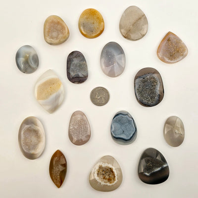 Natural Agate Druzy Cabochons all shown with quarter for size reference