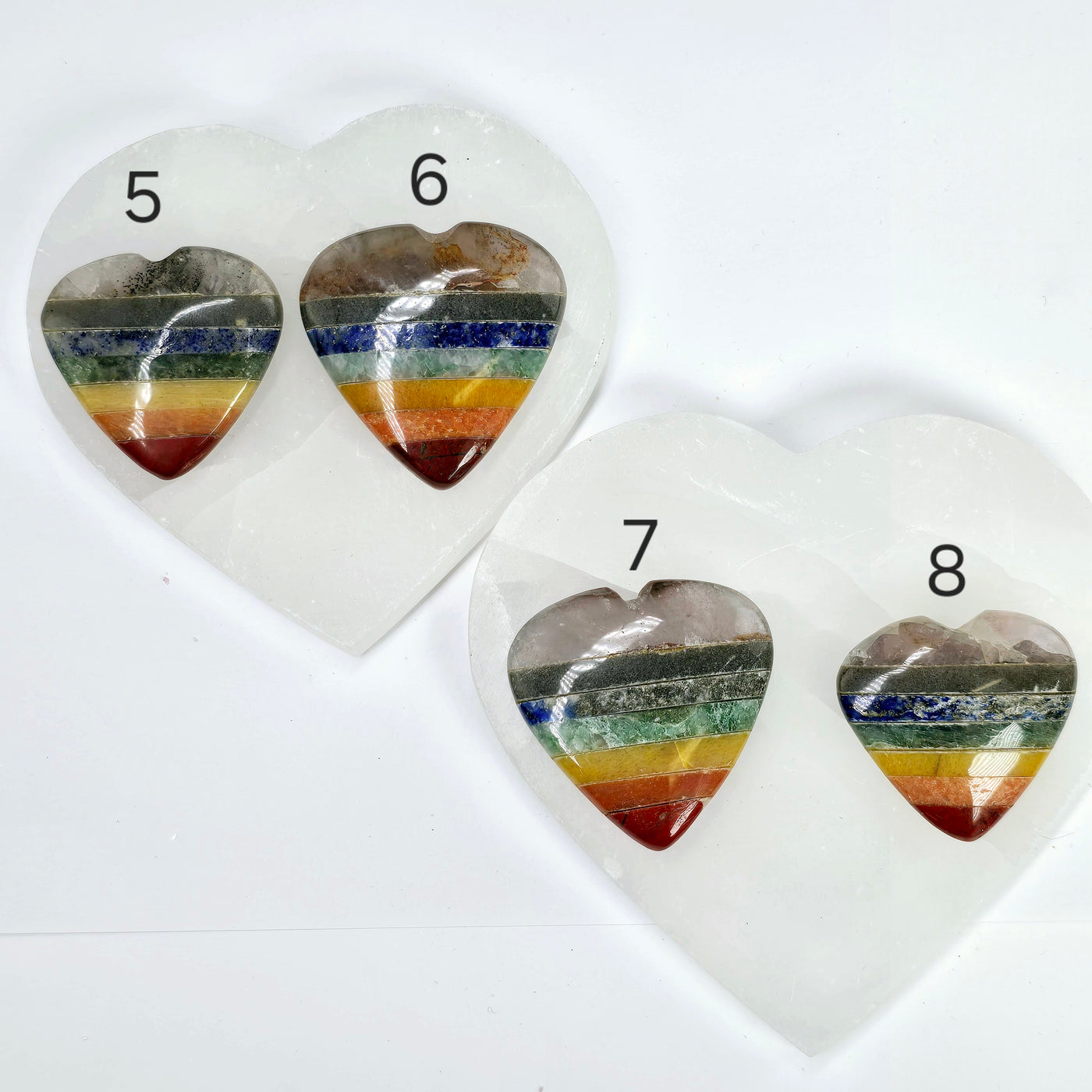 Seven Chakra Crystal Heart - Rainbow Gemstone Heart - You Choose variants 5, 6, 7, and 8 labeled