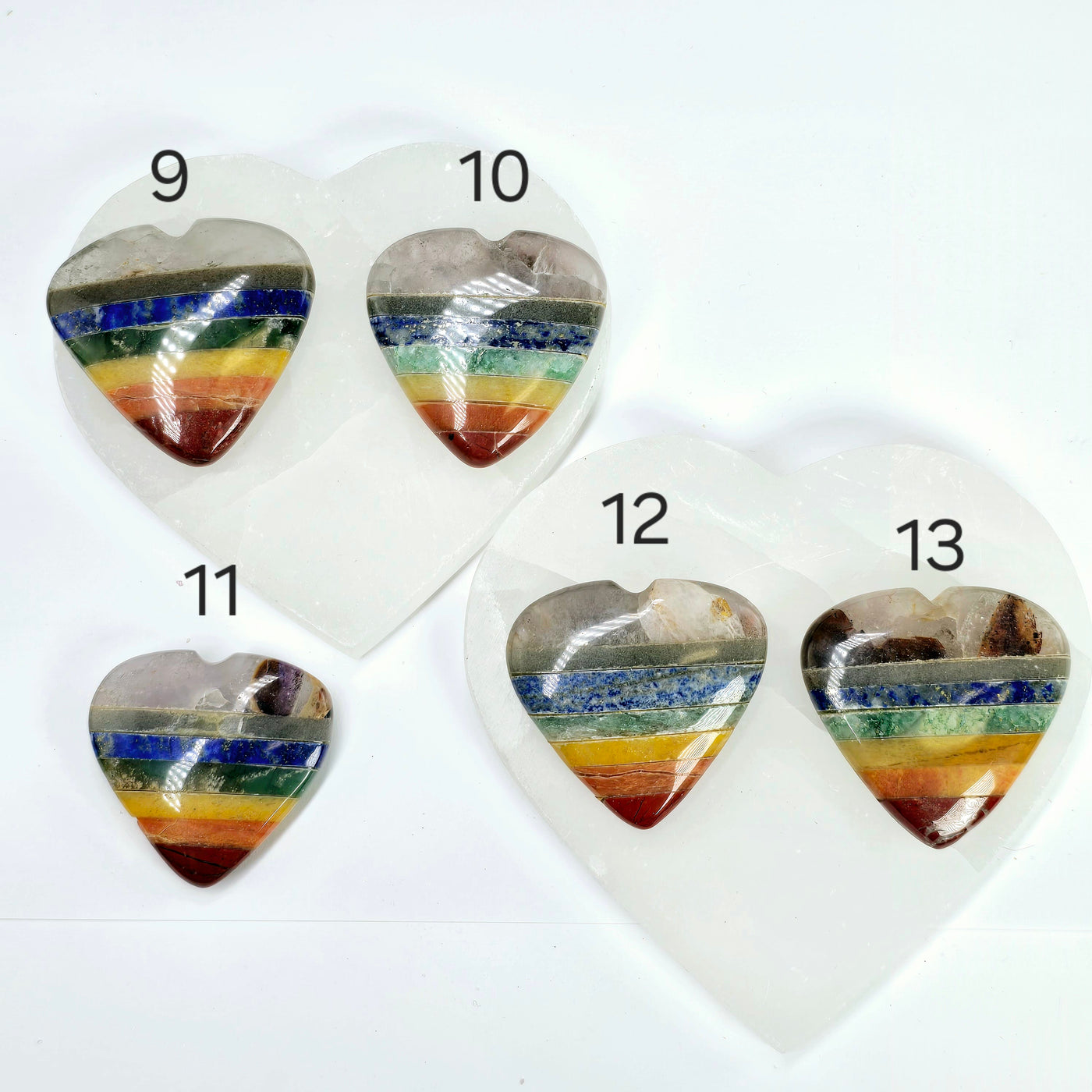 Seven Chakra Crystal Heart - Rainbow Gemstone Heart - You Choose variants 9, 10, 11, 12, and 13 labeled