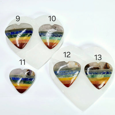 Seven Chakra Crystal Heart - Rainbow Gemstone Heart - You Choose variants 9, 10, 11, 12, and 13 labeled