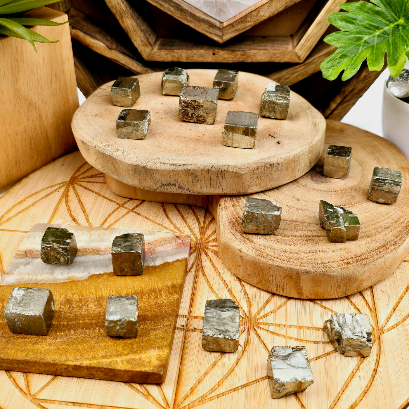 Pyrite Crystal Cube - You Choose #2 all variants on wooden and stone platters with props and plants in the background