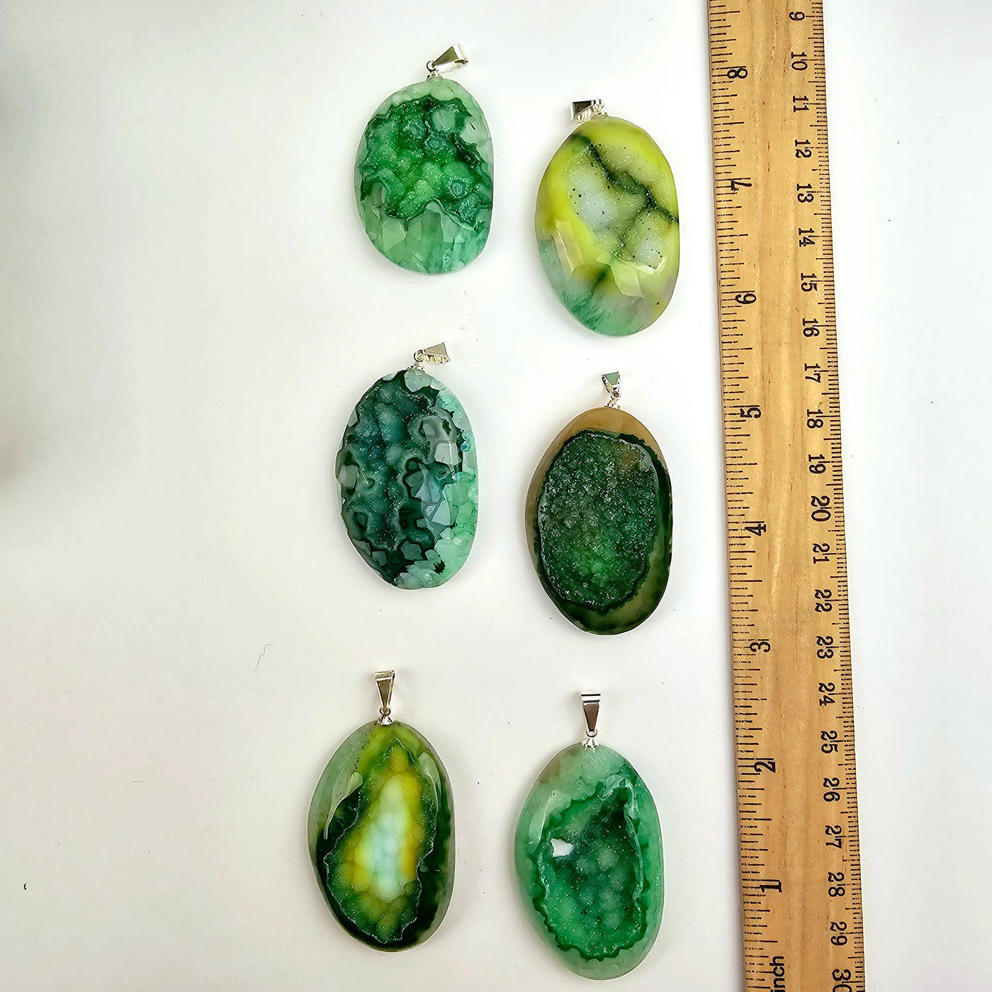 Agate Druzy Crystal Pendant - Dyed Green with ruler for size reference