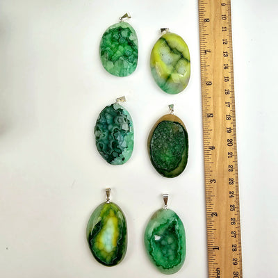 Agate Druzy Crystal Pendant - Dyed Green with ruler for size reference