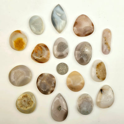 Natural Agate Druzy Cabochons - Lot of 16 - You Get All #3 - all cabochons with quarter for size reference