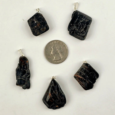 Black Tourmaline with Hematite Crystal Pendant with quarter for size reference