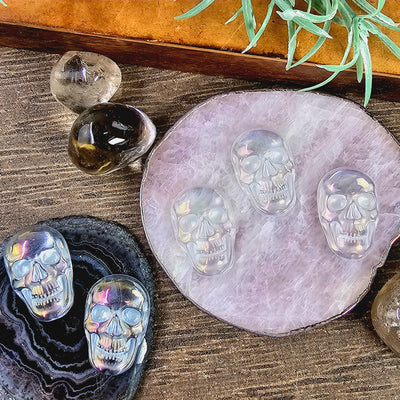 Angel Aura Crystal Quartz Skull Cabochon - five cabochons, two on black agate slice and three on rose quartz coaster with rocks and plants around them