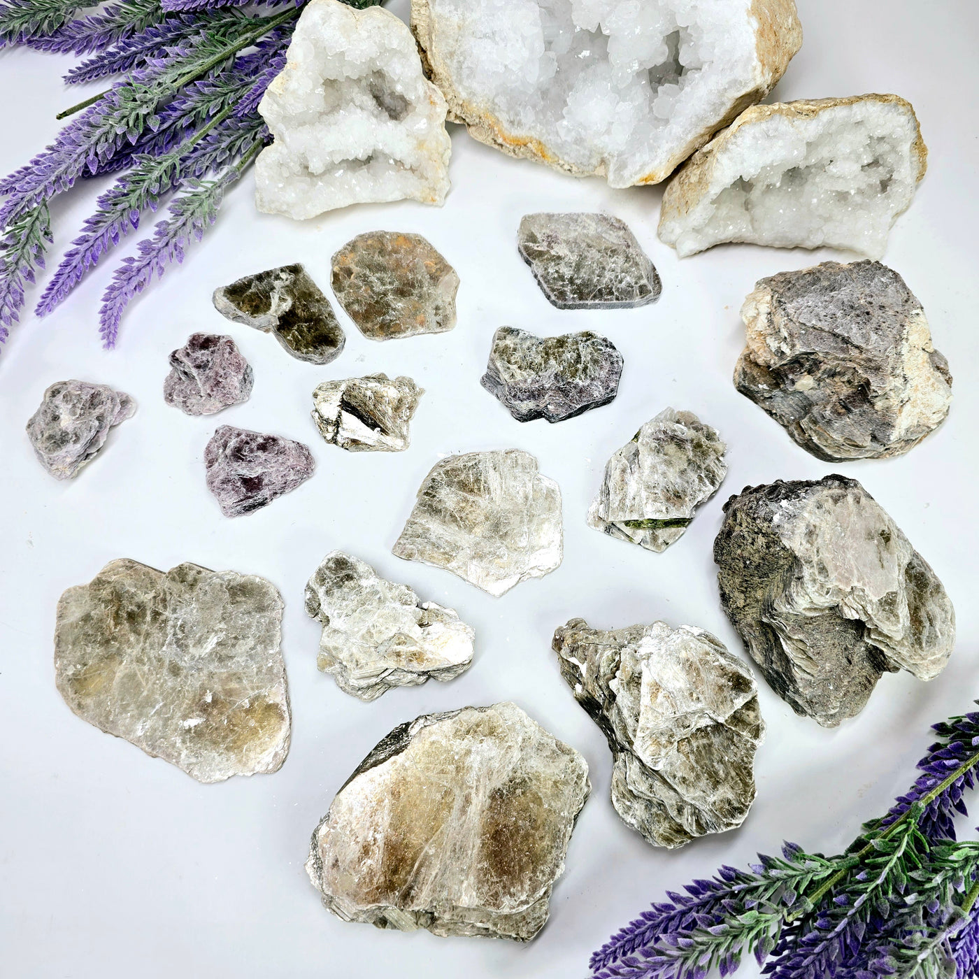 Lepidolite with Mica and Muscovite Crystal Slab - By Size - all different size variants arranged on white background with props and plants around them