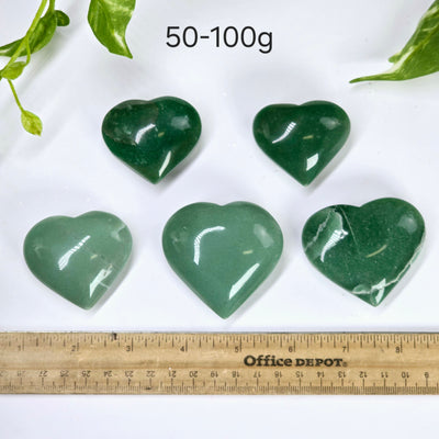 Green Aventurine Crystal Heart - By Weight 50-100g weight variant labeled with ruler for size reference