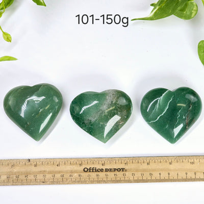 Green Aventurine Crystal Heart - By Weight 101-150g weight variant labeled with ruler for size reference