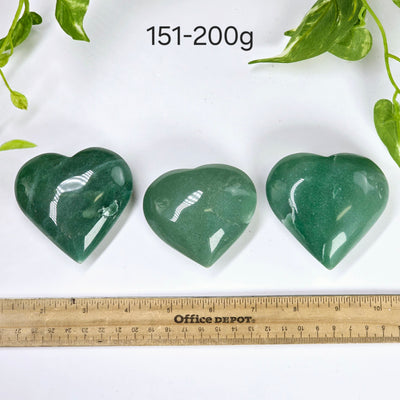 Green Aventurine Crystal Heart - By Weight - 151-200g weight variant labeled with ruler for size reference