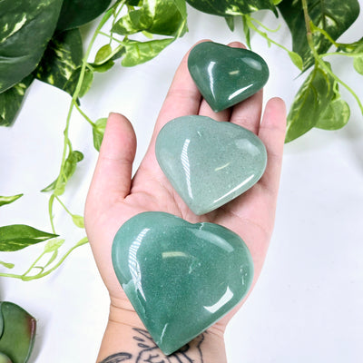 Green Aventurine Crystal Heart - By Weight - all three weight variants in hand for size reference with plants in the background