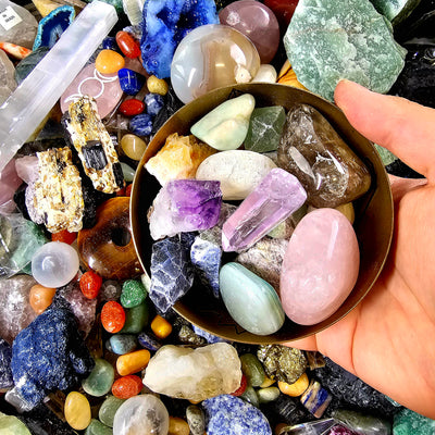 Mystery Box - 1/2 lb or 1 lb Scoop of Assorted Crystals - You Choose Weight - hand holding bowl of random crystals with random crystal assortment in background