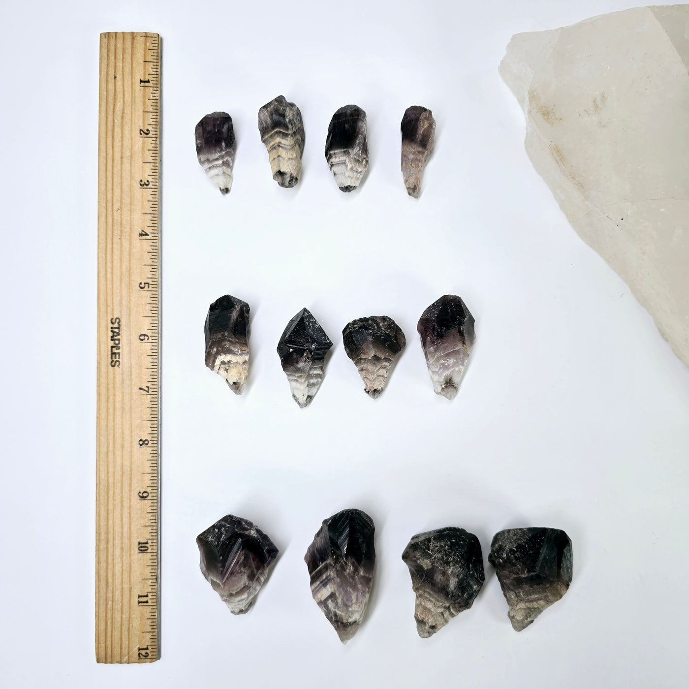 Chevron Amethyst Point - By Weight - all variants with ruler for size reference