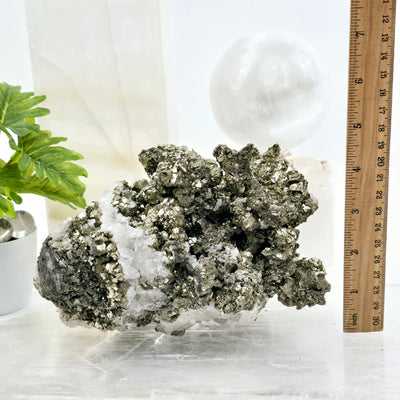 Pyrite on Crystal Quartz Cluster #2 - High Grade front view with ruler for size reference