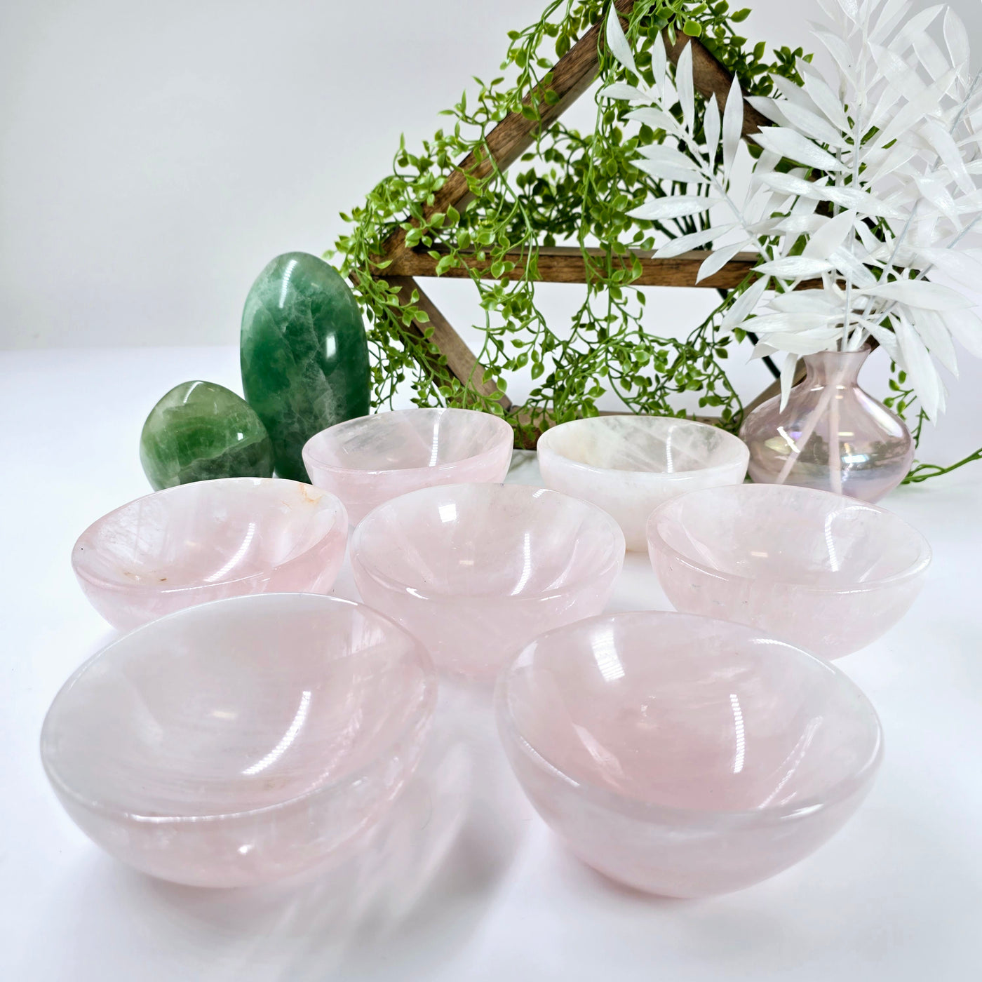 Rose Quartz Polished Crystal Bowl - seven bowls side view with props and plants in the background