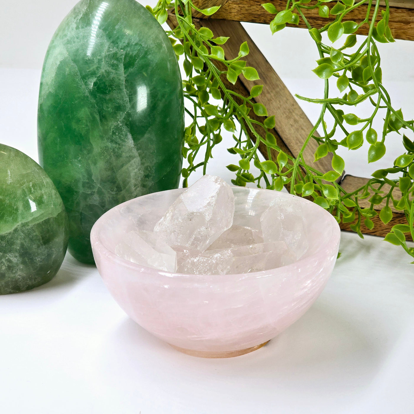 Rose Quartz Polished Crystal Bowl with quartz in it shown with props and plants in the background