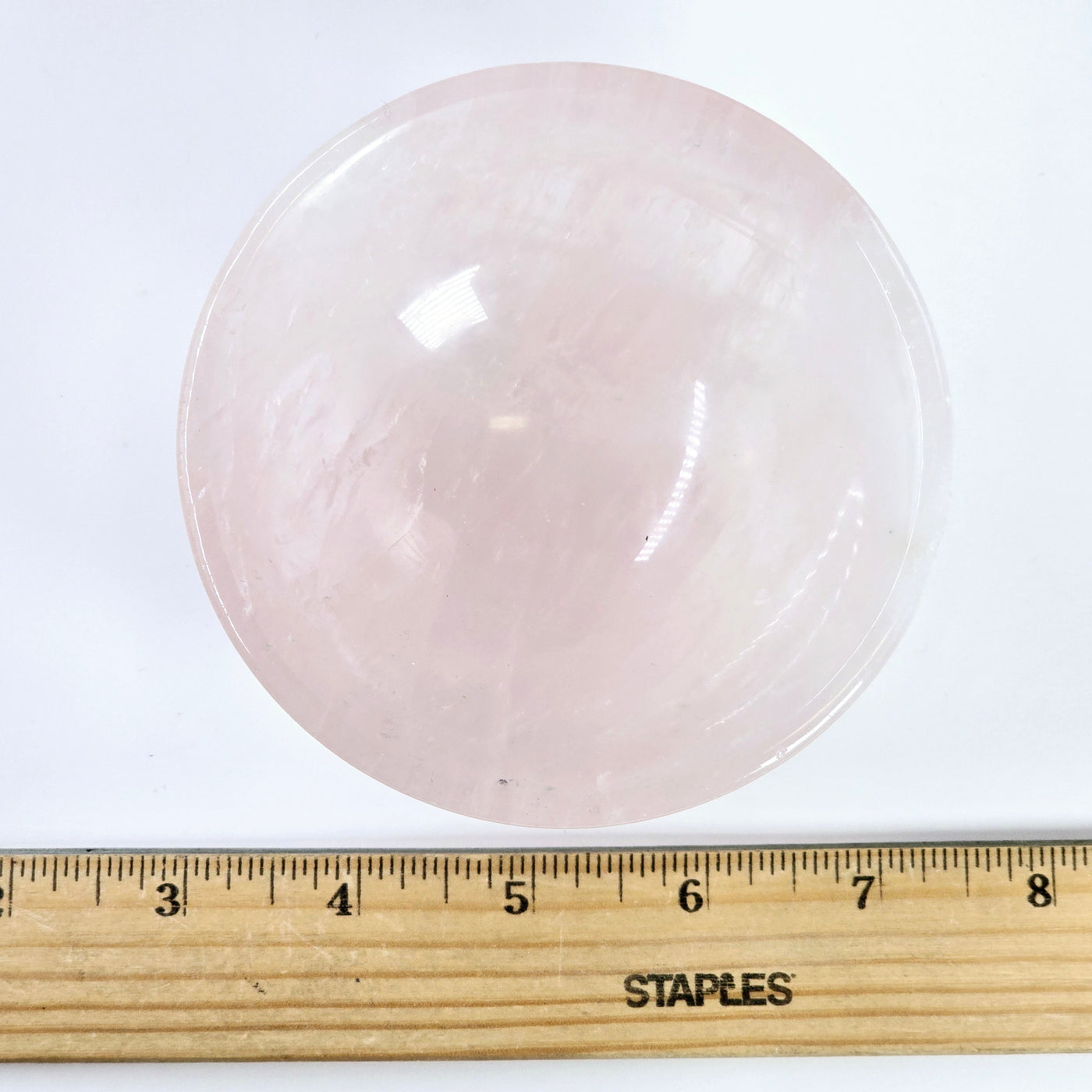 Rose Quartz Polished Crystal Bowl top view with ruler for size reference